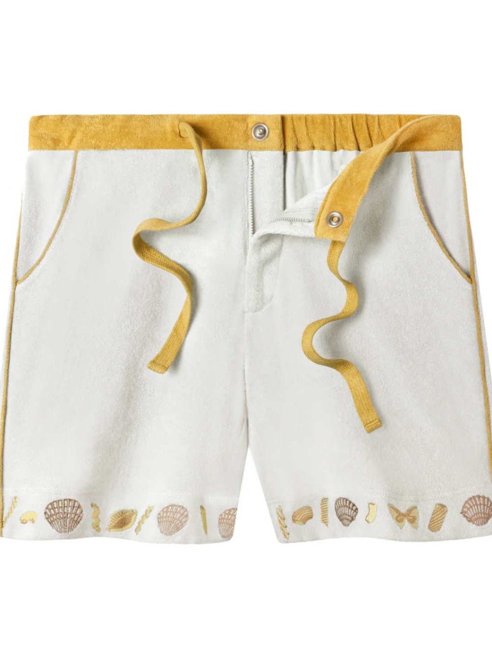Tombolo | White & Mustard Trim Terry Shorts with Shell Embroidery